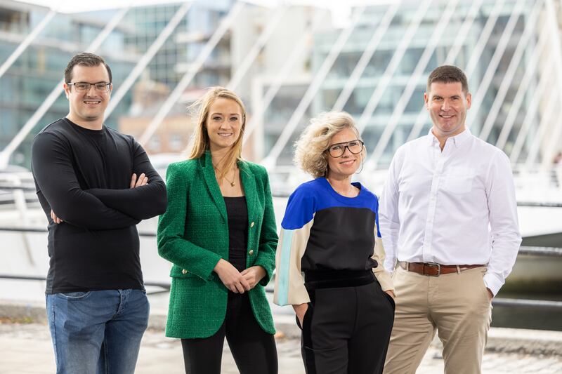 Three Ireland grant awardees James Power of AgriGuardian and Niamh Tallon of Her Sport, with one of the judges, entrepreneur and advocate for workplace equality Sonya Lennon; and Padraig Sheerin, Three Ireland’s head of SME. Photograph: Naoise Culhane