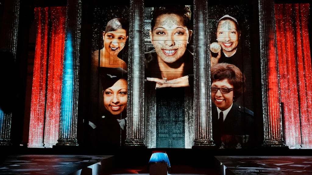 Images of Josephine Baker are projected on the Pantheon monument during a ceremony dedicated to the American-born French dancer and singer in Paris on Tuesday night. Photograph: Thibault Camus/POOL/AFP via Getty Images