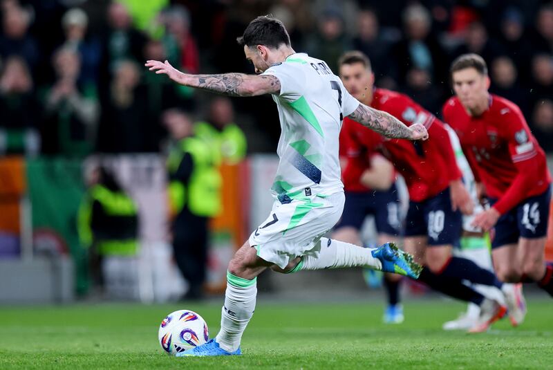 Ireland's Troy Parrott scores a penalty. Photograph: Ryan Byrne/Inpho