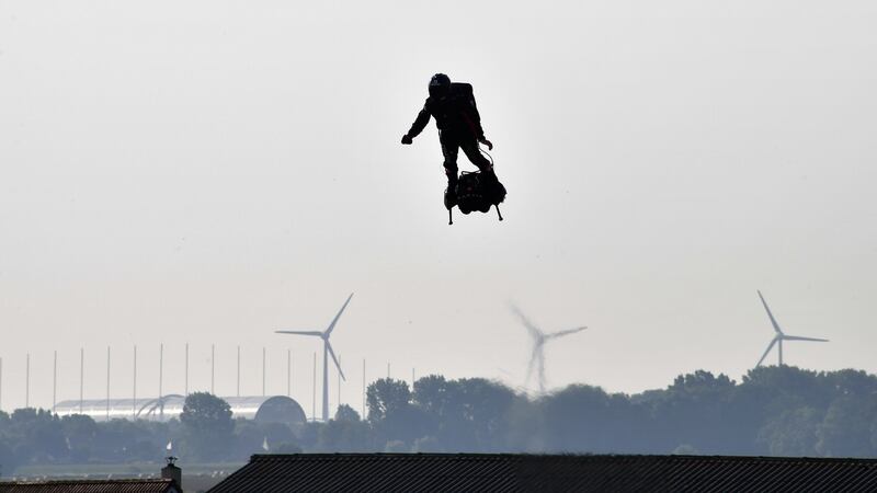 Franky Zapata (centre) stands on his jet-powered ‘flyboard’ as he takes off from Sangatte, northern France, attempting to fly across the 35km Channel. The attempt failed. Photograph: AFP