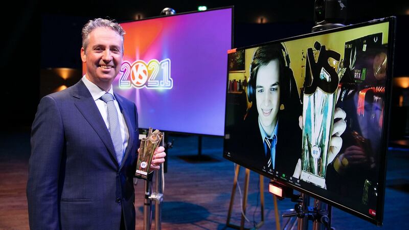 Shay Walsh, managing director of BT Ireland and winner of this year’s BT Young Scientist & Technology Exhibition,  Gregory Tarr