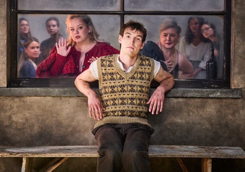 Nicola Coughlan (left), Éanna Hardwicke and Siobhán McSweeney appearing in Caitríona McLaughlin’s production of The Playboy of the Western World at London’s Royal National Theatre.