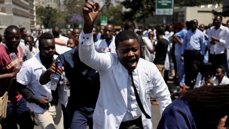 Doctors protest over the disappearance of the leader of their union in Harare in  September 2019. Photograph: Siphiwe Sibeko