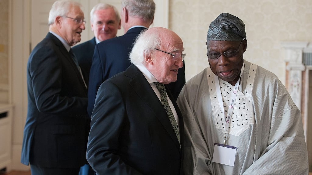 The President, Michael D Higgins, talks with Olusegun Obasanjo, the co-chairman of the InterAction Council, at Áras an Uachtaráin on Tuesday. Photograph: Dave Meehan