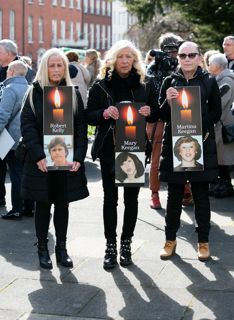 Members of the Keegan family (L to r) Suzanne, Antoinette and Lorraine 
at the Garden of Remembrance in Dublin's City Centre. before the Coroners Court inquest into the Stardust tragedy at the Roundroom in the Rotunda Hospital. Photo: Gareth Chaney/ Collins Photos
