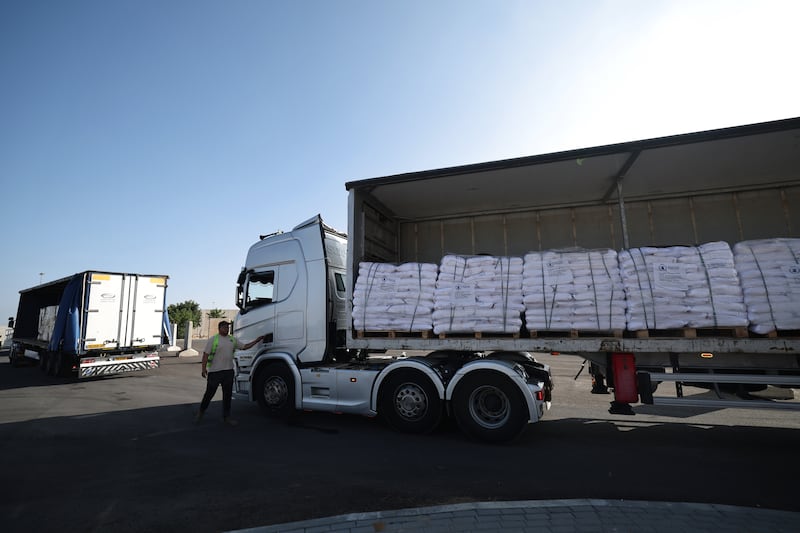 Trucks carrying aid wait to enter the Gaza Strip at the Kerem Shalom crossing in southern Israel on Wednesday. Photograph: Atef Safadi/EPA