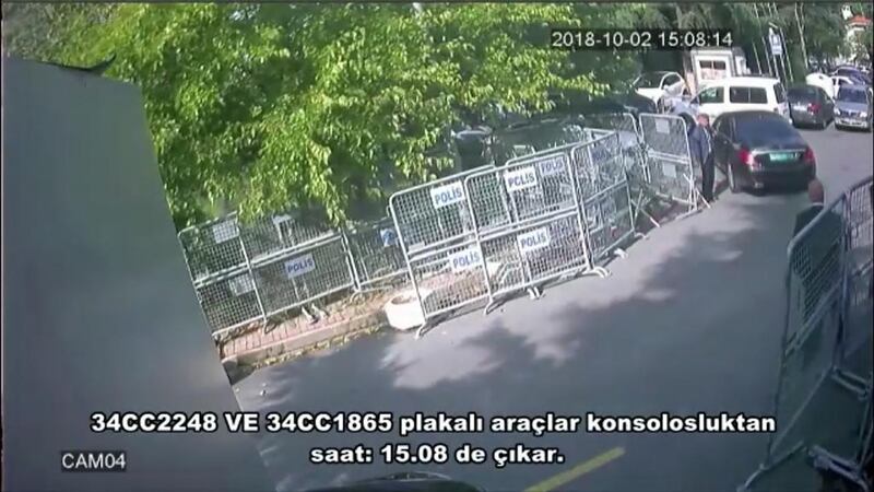A frame grab from a police CCTV video made available through Turkish newspaper Sabah allegedly shows a black diplomatic vehicle in front of the Saudi consulate in Istanbul  Photograph: Sabah Newspaper/AFP