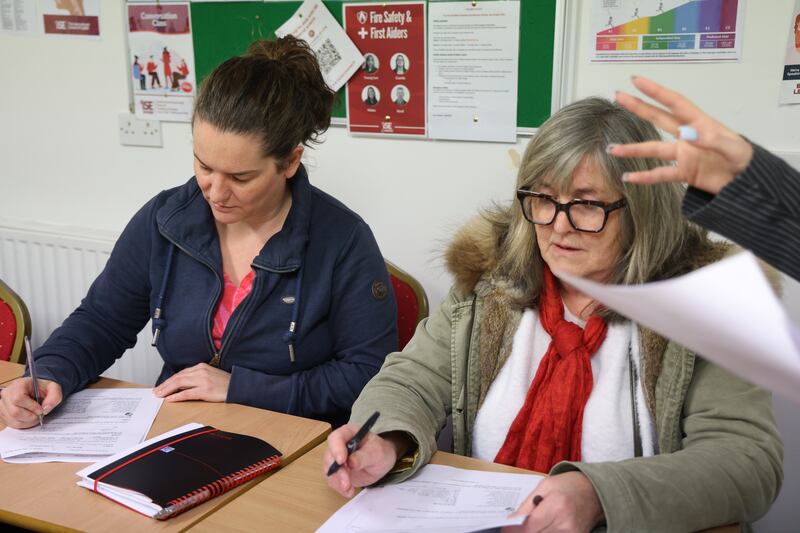 Aoife Kiely and Pauline McHale (right) in class at Conradh na Gaeilge on Camden Street in Dublin. Photograph: Bryan O’Brien 