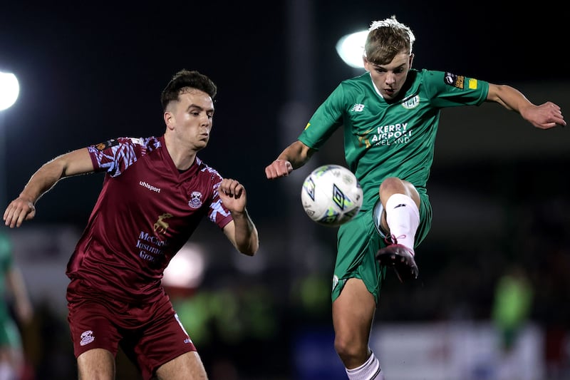 Kerry FC's Ronan Teahan and Charlie Lyons of the Cobh Ramblers in the SSE Airtricity League first division, at Mounthawk Park, 2023. Photograph: INPHO/ Laszlo Geczo