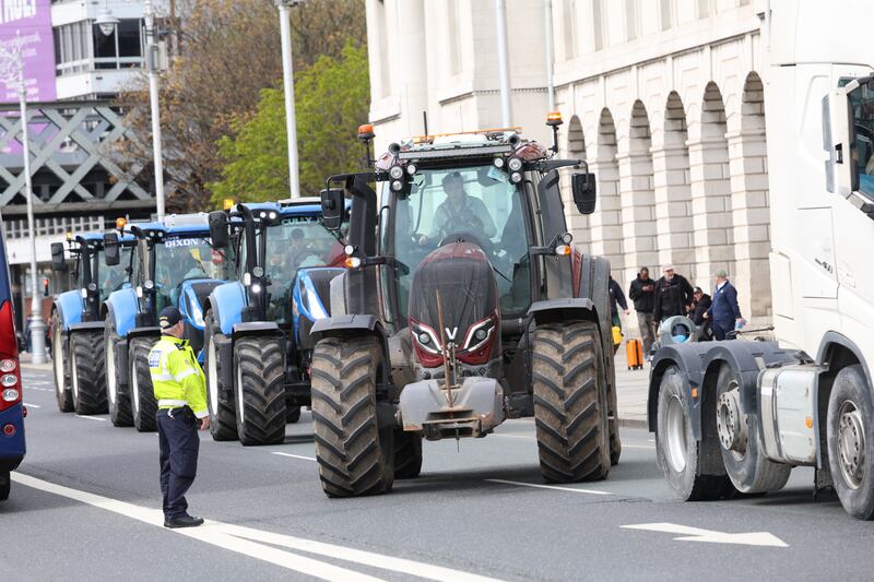 Tractors lined up outside the Custom House in Dublin on Tuesday. Photograph: Stephen Collins/Collins Photos
