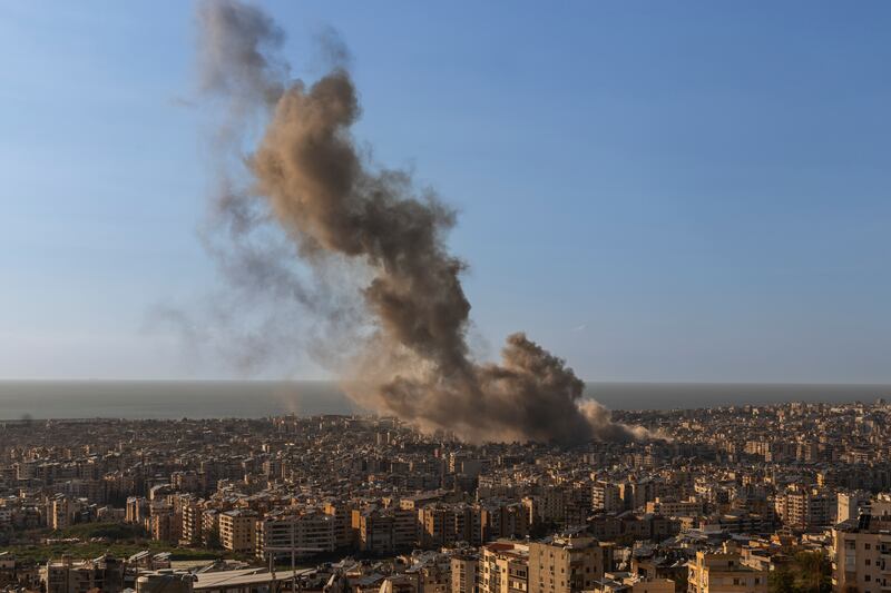 Smoke rises from an Israeli airstrike in the suburbs south of Beirut, Lebanon, on Monday, March 2nd. Photograph: Diego Ibarra Sánchez/The New York Times
                      