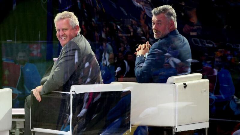 Darren Clarke (right) in the tv box alongside Colin Montgomerie (centre), who he backed for the captaincy of the 2014 European Ryder Cup team ahead of Paul McGinley. Photograph: Andrew Milligan/PA Wire