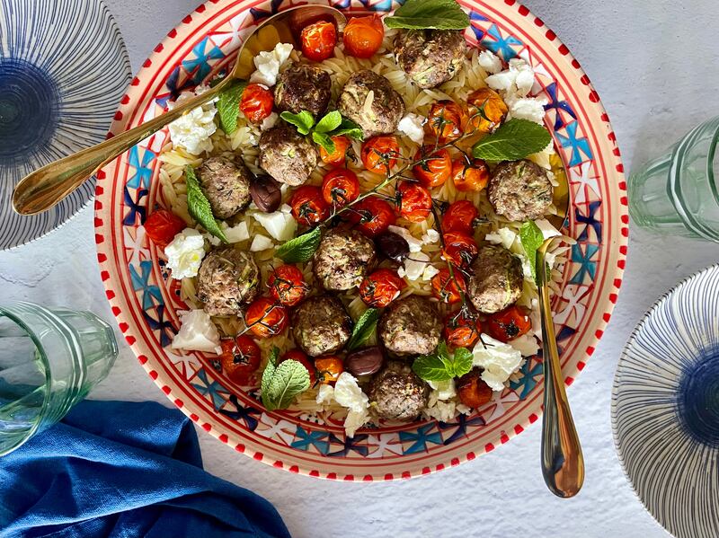 Greek-inspired lamb and orzo traybake.