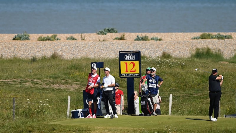 Shanw Lowry tees off on the 12th on the final day at Royal St George’s. Photograph: Glyn Kirk/Getty/AFP