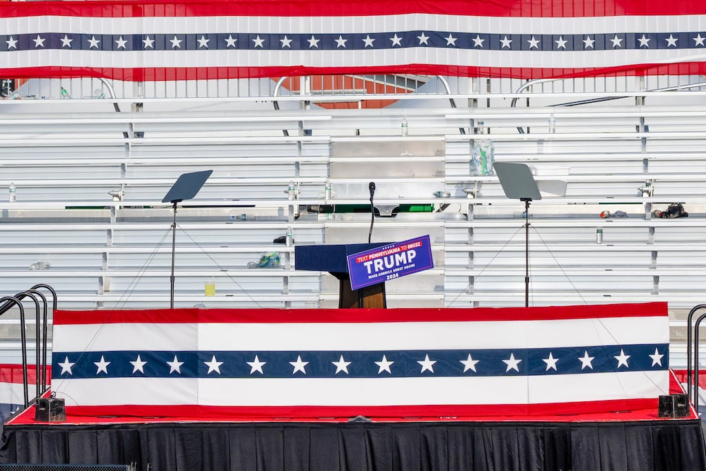 The stage after the attempted assassination of former president Donald Trump at a campaign rally in Butler, Pennsylvania, on July 13th, 2024. Photograph: Eric Lee/The New York Time