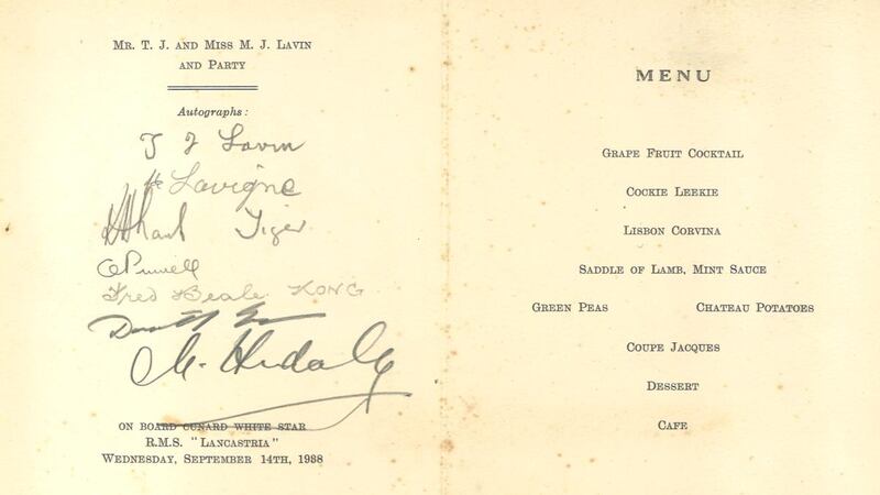 A signed menu card from the Cunard White Star line, from a journey to the US which Mary Lavin took with her father, Tom, in 1938