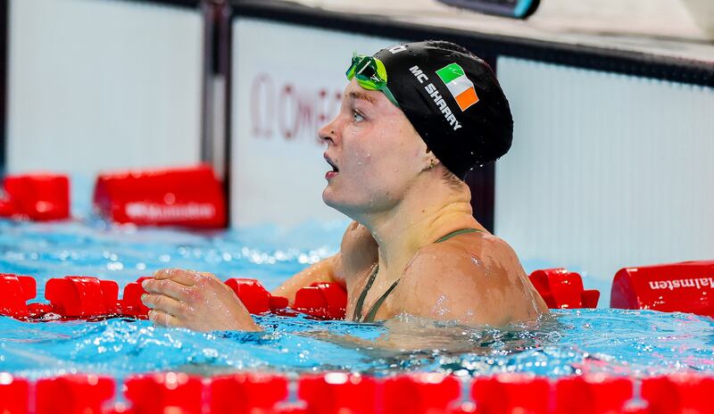 Ireland’s Mona McSharry checks the leaderboard after the race. Photograph: James Crombie/Inpho