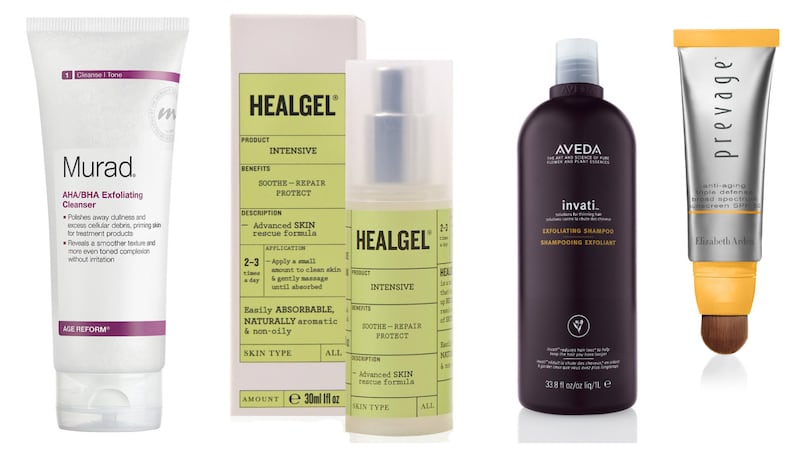 Murad Age Reform AHA/BHA Cleanser (€47, Marks and Spencer); HealGel Intensive Advanced Skin Rescue Formula (€47.95, cloudtenbeauty.com); Invati exfoliating shampoo (€25.20 for 200ml); Elizabeth Arden Preavage SPF 50 high protection anti-aging triple defence shield (€120, Debenhams)