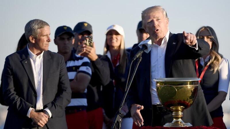 PGA Tour commissioner Jay Monahan (pictured left alongside US President Donald Trump) is against changes to the golf ball. Photo: Getty Images
