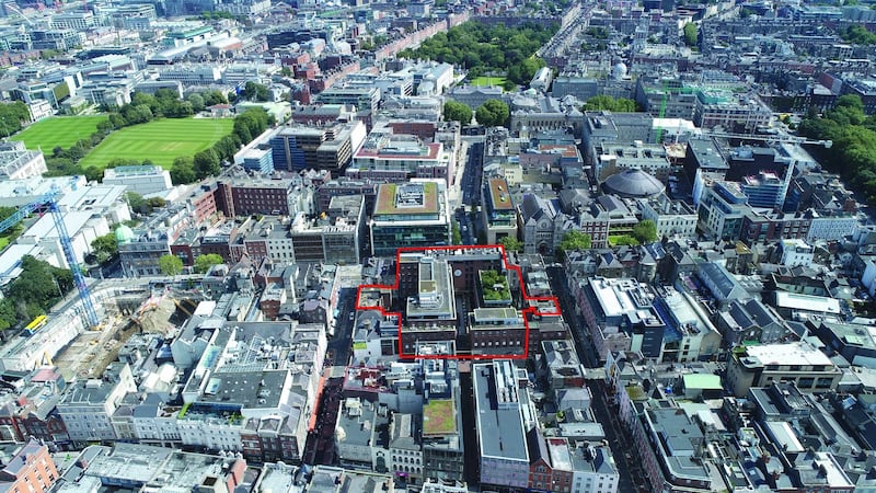 An aerial view of Dublin city centre shows the  Royal Hibernian Way’s prime location.