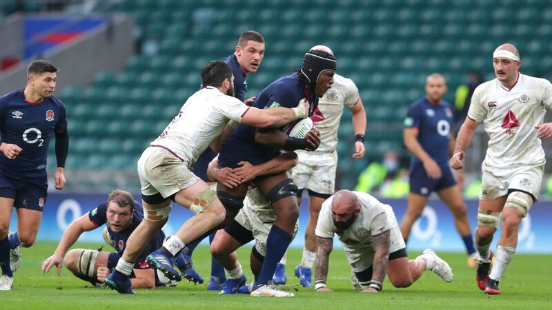 England’s Maro Itoje  is tackled by Georgia flanker Beka Saginadze during the Autumn Nations Cup match at Twickenham. Photograph:  David Davies/PA Wire