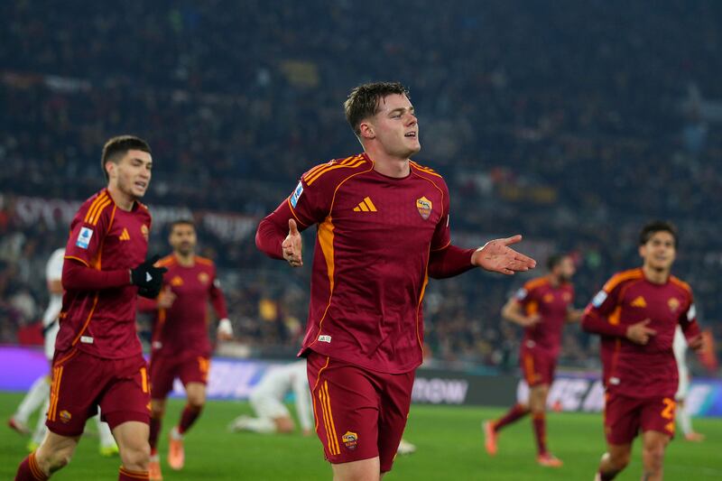 Evan Ferguson of AS Roma celebrates after scoring against Genoa. Photograph: Paolo Bruno/Getty