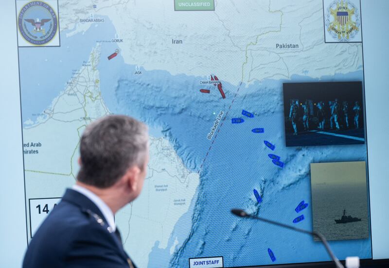 US chairman of the joint chiefs of staff general Dan Caine speaks as a map of the US Navy's blockade is displayed. Photograph:  Saul Loeb/AFP via Getty Images