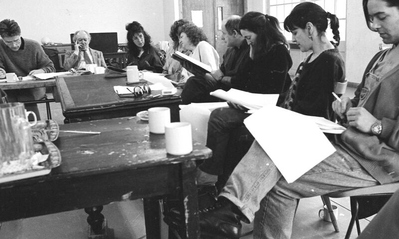 Patrick Mason and Brian Friel at the first rehearsal of Dancing at Lughnasa at the Dance Centre, Digges Lane, Dublin in 1990.  Photograph: Frank Miller 
