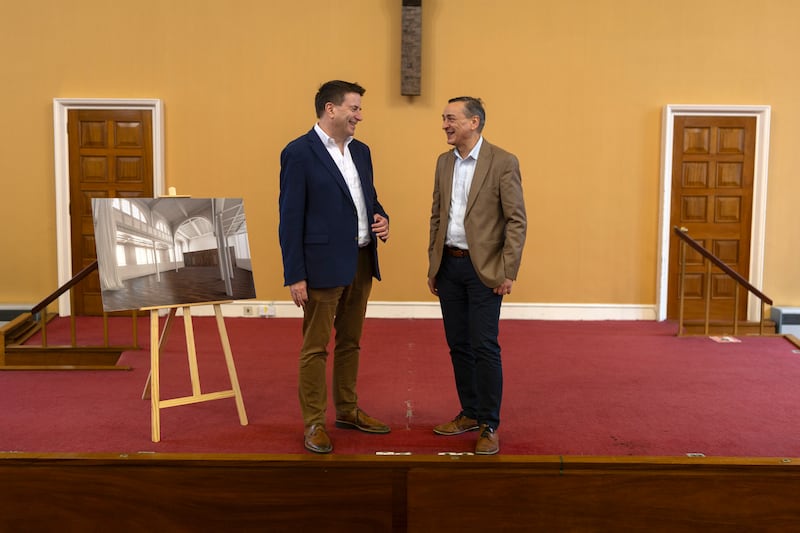 Irish National Opera artistic director Fergus Sheil and executive director Diego Fasciati (right) inside the Dublin Central Mission building, which was purchased as a rehearsal space.
Photograph: Chris Maddaloni/The Irish Times