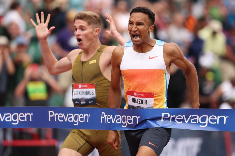 Donavan Brazier crosses the finish line in front of Cooper Lutkenhaus to win the 800m final at the 2025 USATF Outdoor Championships in Eugene, Oregon. Photograph: Patrick Smith/Getty Images