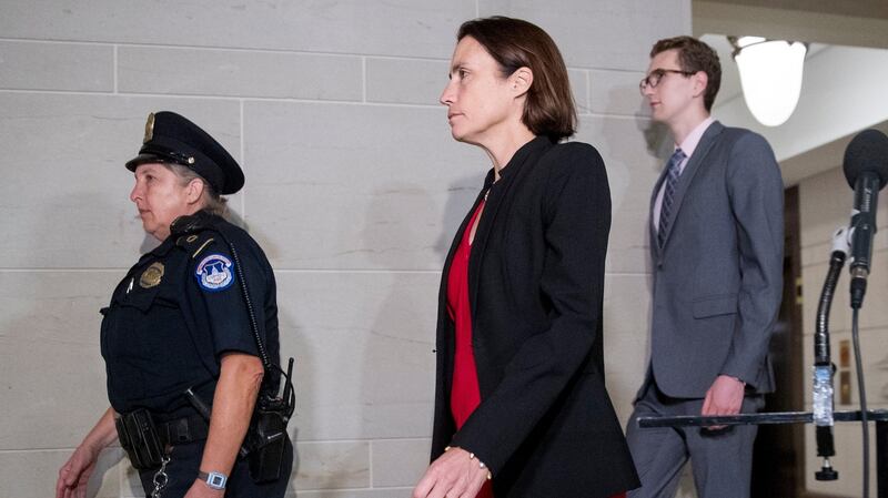 Former White House advisor on Russia, Fiona Hill, arrives on Capitol Hill  to testify before congressional lawmakers as part of the House impeachment inquiry into president Donald Trump. Photograph: Andrew Harnik/AP Photo