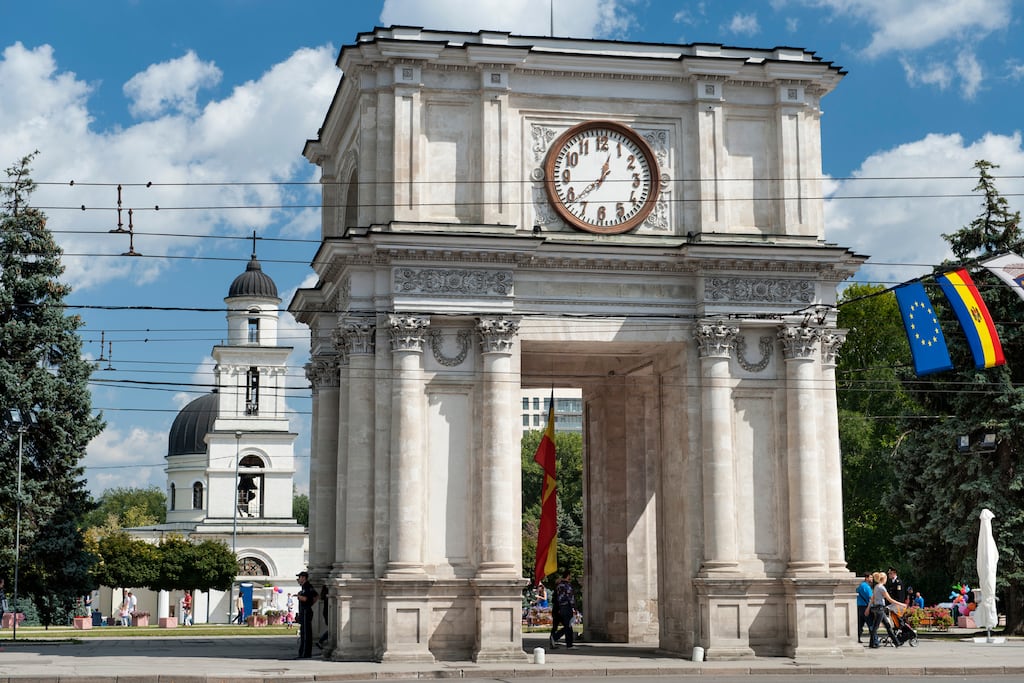 Arc de Triomphe and Orthodox church bell tower in Chisinau, Moldova. Photograph: Loop Images/Universal Images Group via Getty
