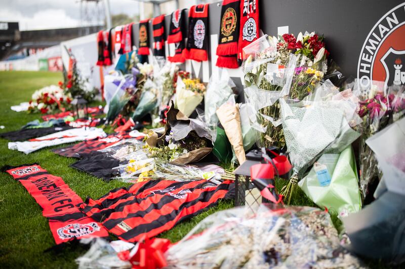 Tributes to Bohemians club volunteer Derek Monaghan at Dalymount Park stadium following his death in 2022. Photograph: Tom Maher/Inpho