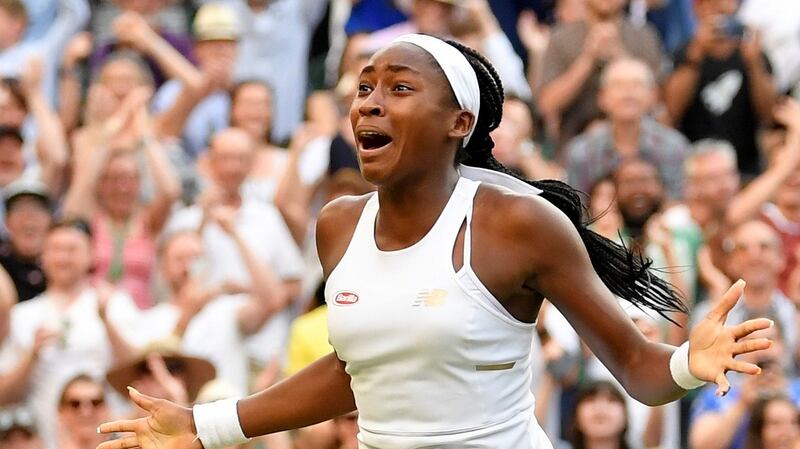 Coco Gauff celebrates beating Polona Hercog on Centre Court. Photograph: Tony Melville/Reuters