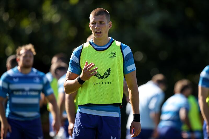 Sam Prendergast at Leinster Rugby Squad training in UCD, Dublin on Monday. Photograph: Ben Brady/Inpho