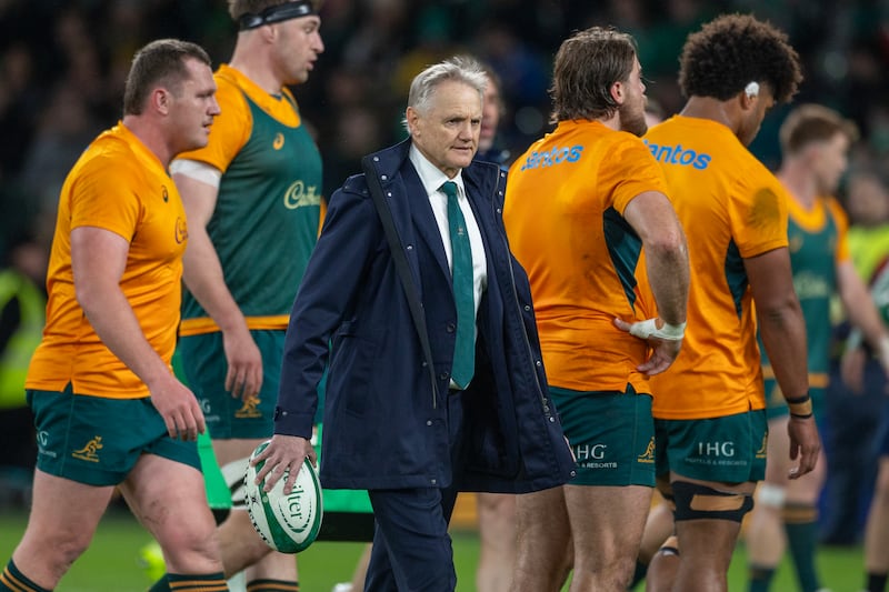 Joe Schmidt, head coach of Australia during team warm-up before the Ireland V Australia rugby union match at Aviva Stadium on November 15, 2025, in Dublin, Ireland. Photograph: Tim Clayton/Corbis via Getty Images