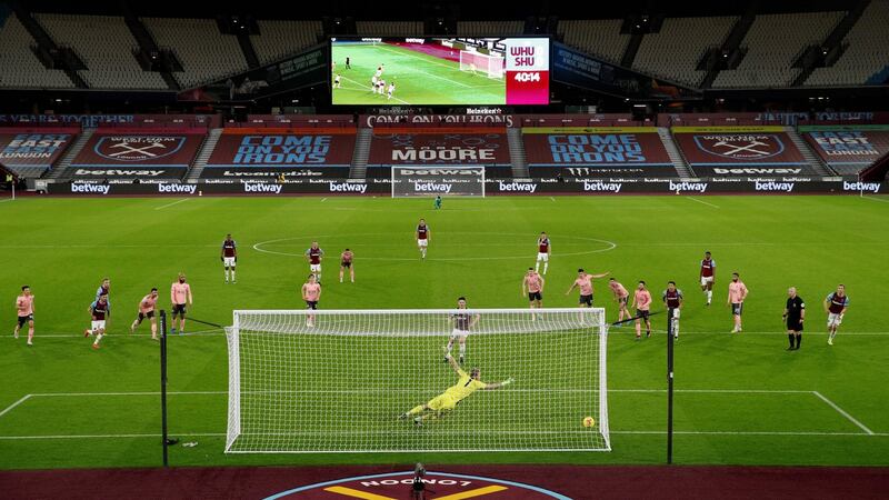 West Ham United’s  Declan Rice scores  from the penalty spot during the Premier League game against  Sheffield United at the London stadium. Photograph:  John Sibley/AFP via Getty Images