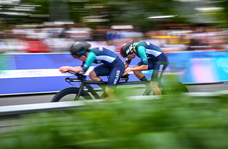 Ireland's Katie-George Dunlevy and pilot Linda Kelly in action during the women's B individual time-trial at the Paralympic Games. Photograph: Ramsey Cardy/Sportsfile