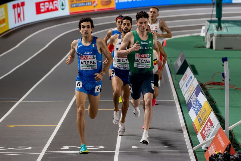 Ireland’s Luke McCann in action during the 1,500m final at the European Indoor Championships at the Ataköy Athletics Arena in Istanbul, Turkey. Photograph: Morgan Treacy/Inpho