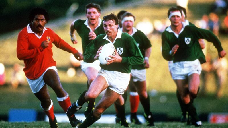 David Irwin in action for Ireland against Tonga in the 1987 World Cup. Irwin dragged Nigel Carr from the car wreckage following the bomb.  Photograph: Billy Stickland/Inpho