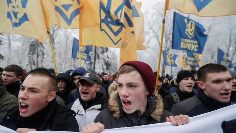 Ukrainian nationalists   rally in front of the parliament building in Kiev, Ukraine,  demanding    diplomatic relations with Russia be severed  and   Russian property in Ukraine be nationalised. Photograph:   Sergey Dolzhenko/EPA