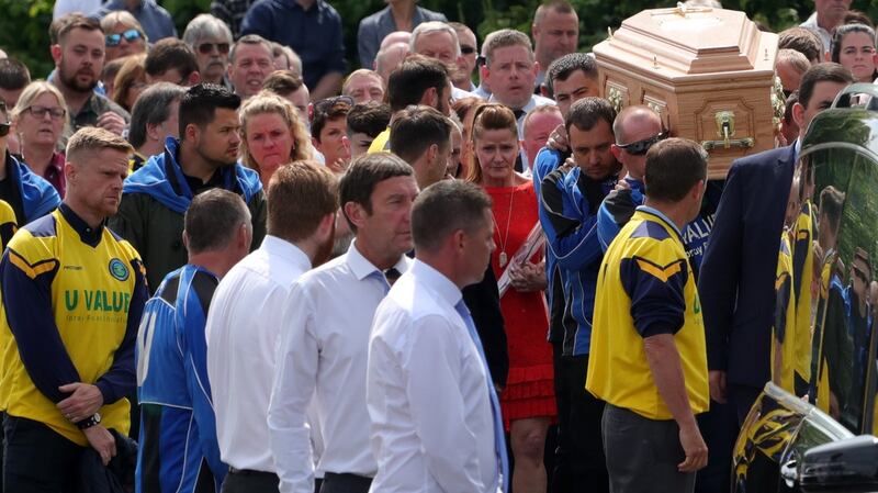Former Ireland International, Damien Duff (on left of picture) at the funeral of Bobby Messett, who was shot dead in Bray Boxing Club last Tuesday. His cortege was flanked by members of Bray Wheelers Cycling Club. Photograph: Colin Keegan/Collins