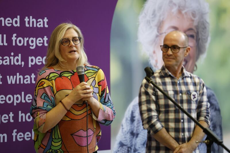Volunteers Rachael Davies and Graham Murray speak at the Volunteer Day launch of St Joseph’s Shankill & Dublin City University research on the impact of structured volunteering in dementia care. Photograph: Nick Bradshaw/The Irish Times