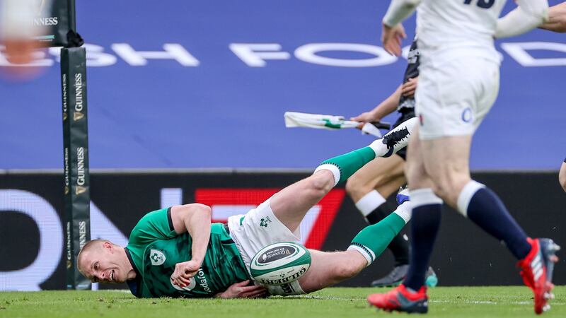 Keith Earls touches down to score a try in the Six Nations game against England at the Aviva Stadium back in March. Photograph: James Crombie/Inpho