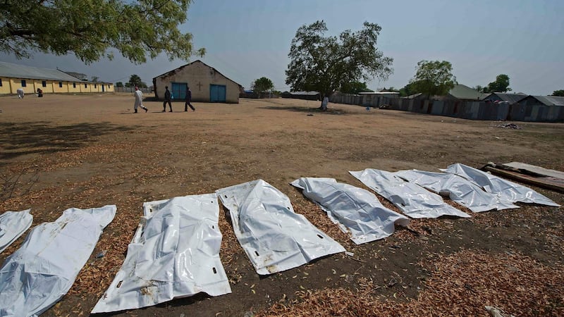 This file photo from 2014 shows sheets covering the bodies of 16 people, allegedly civilians killed when they took cover near Leudit church in Bor town, according to the South Sudanese military. The number of deaths in South Sudan’s two-year civil has gone largely unrecorded. Estimates vary, with the UN sticking a guesstimate of 10,000 dead since the early months of the war, while Aid workers and officials who did not want to speak on the record said the true figure might be as high as 300,000. Photograph: AFP