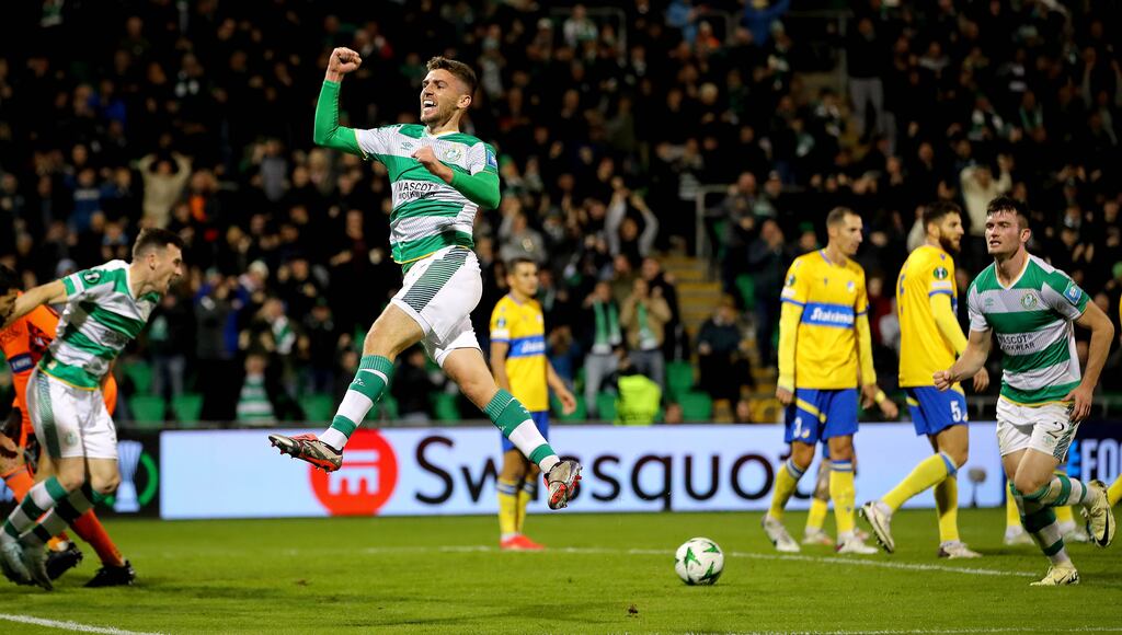 Shamrock Rovers’ Dylan Watts celebrates scoring his side’s first goal of the game. Photograph: Ryan Byrne/Inpho