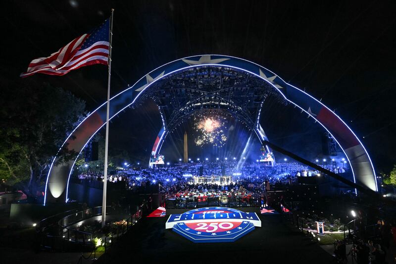 Fireworks go off ahead of the final bout during the UFC Freedom 250 mixed martial arts event on the South Lawn of the White House. Photograph: Saul Loeb/Getty Images