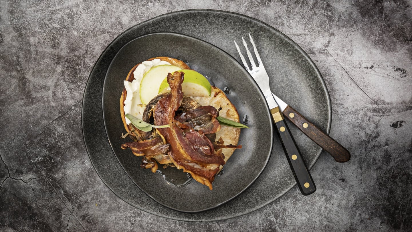 Celeriac, soused mushrooms, smoked bacon, cream cheese and apple