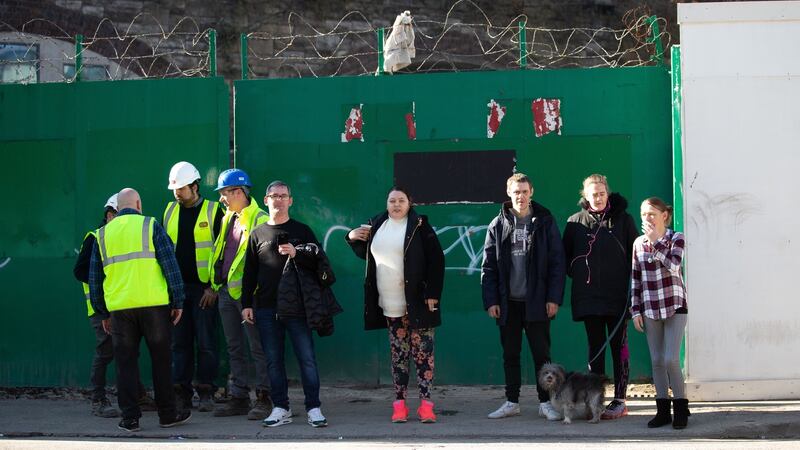 Building workers  and protesters outside  the Sisk building site on Mark Street in Dublin on Tuesday morning. Photograph: Tom Honan/The Irish Times