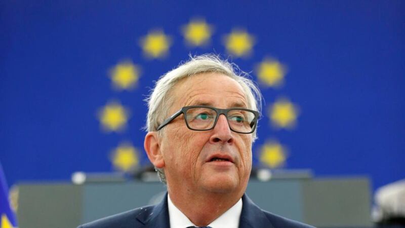 European Commission president Jean-Claude Juncker delivers his “state of the union address at the European Parliament in Strasbourg”: The commission also proposed reining in internet giants such as Google, Facebook’s WhatsApp and Microsoft’s Skype by extending telecoms security rules to web-based apps. Photograph:  Jean Francois Badias/AP